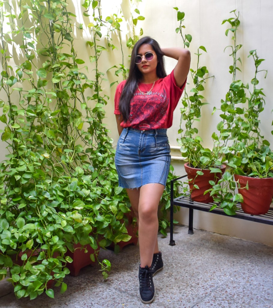 style denim skirt with an over-sized tee.